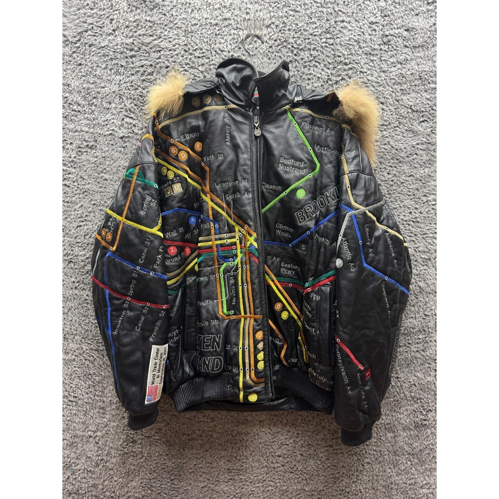 United‎ Face NYC Subway Map 911 Memorial Fur Hooded Bomber Black Jacket Size 2XL